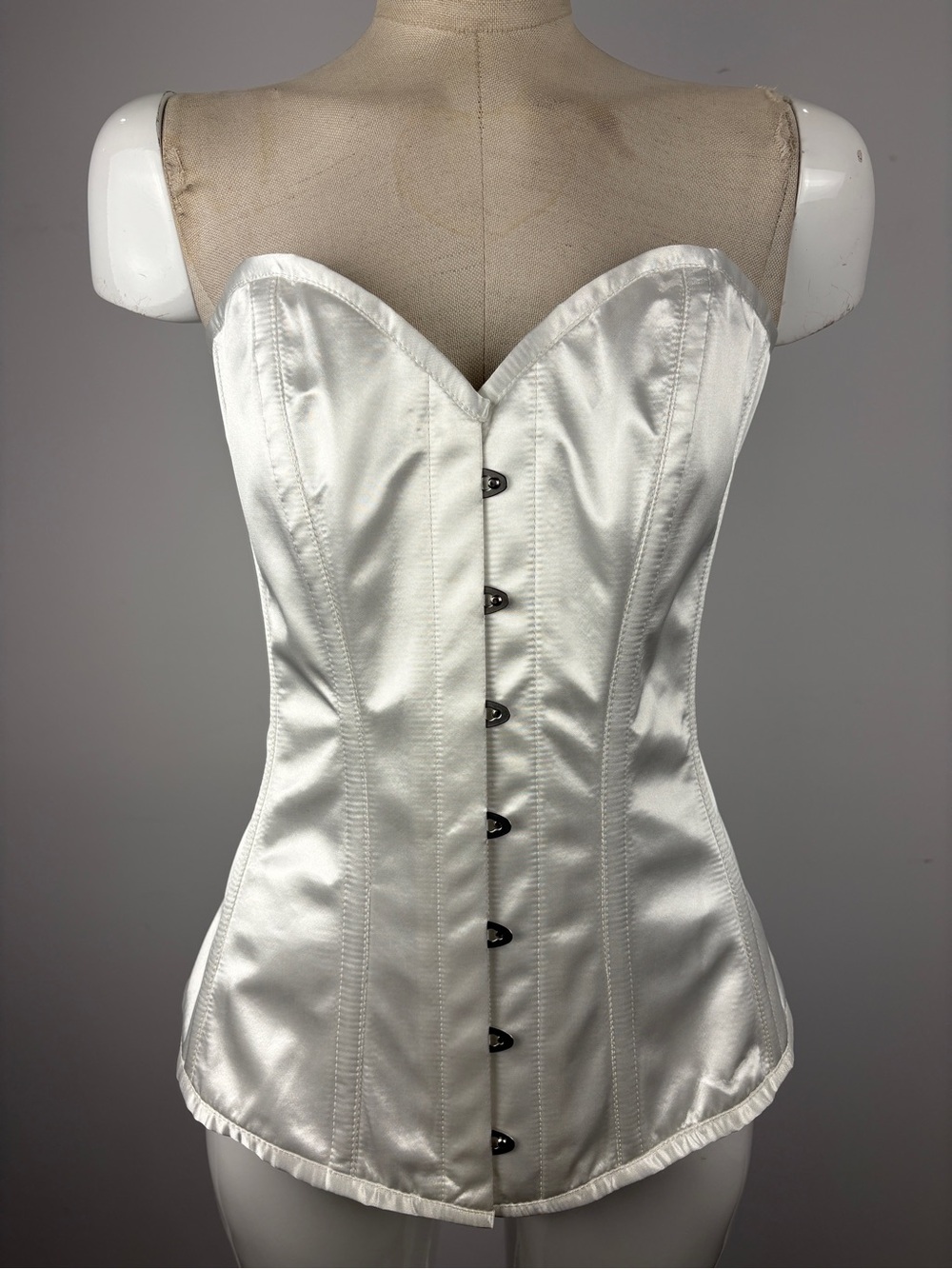 White Satin Steel Boned Overbust Corset Bridal Waist Cincher Lace Up Size 34
